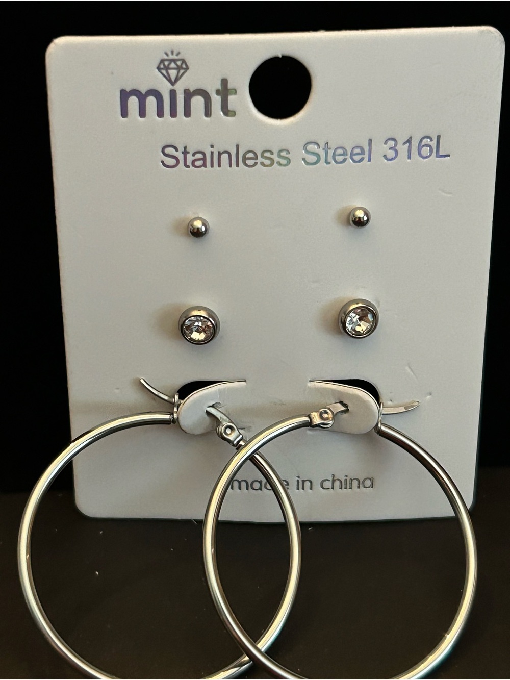 BUY 1 GET 1 Silver Tone Hoop & Crystal Stud Earring Set of 3 Stainless Steel